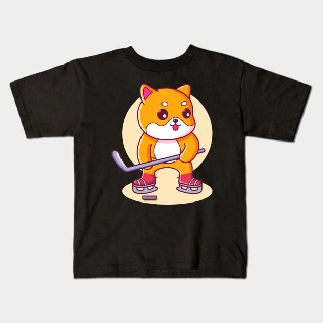 Cute Shiba Inu Playing Hockey Kids T-Shirt by Ardhsells